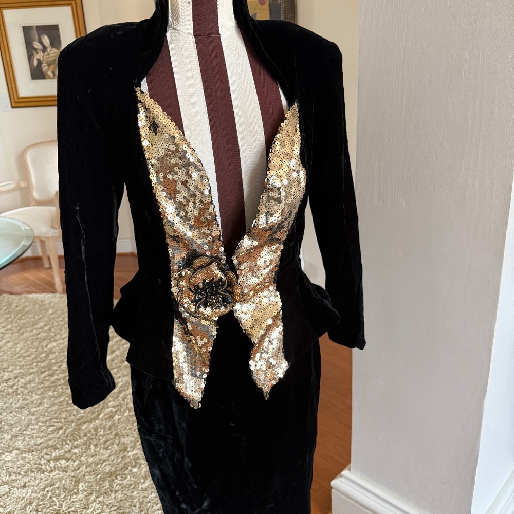 Vtg KAREN OKADA for David Howard Black Velvet Suit Sequin Embellished Jacket 8